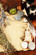 Photo: Composition with old papers, herbs, stones and bottles with Composition with old papers, herbs, stones and bottles with