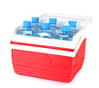Traveling refrigerator with bottles of water, isolated on white