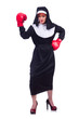 Nun with boxing gloves isolated on white