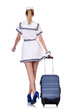 Woman travel attendant with suitcase on white