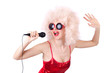 Pop star with mic  on white
