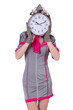 Woman with clock isolated on white