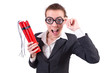 Businesswoman with dynamite on white