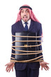 Arab man tied up with rope on white