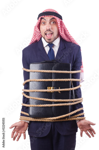 Photo: Arab man tied up with rope on white Arab man tied up with rope on white