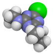 Atrazine herbicide, molecular model.