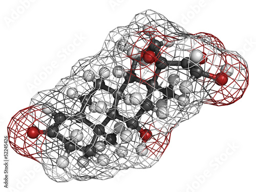 Illustration: Cortisol (hydrocortisone) stress hormone, molecular model Cortisol (hydrocortisone) stress hormone, molecular model