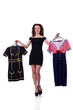 Woman trying to choose dress on white