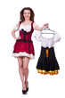 Woman trying to choose dress on white