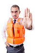 Man in life jacket isolated on white