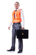 Man in life jacket isolated on white