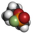 Sarin nerve agent, molecular model. Sarin is a chemical weapon,