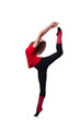 Young gymnast exercising on white