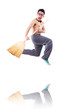 Funny man with broom on white