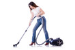 Young woman with vacuum cleaner on white