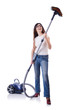 Young woman with vacuum cleaner on white