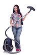 Young woman with vacuum cleaner on white