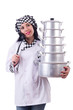 Cook with stack of pots on white