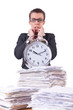 Woman businesswoman with giant alarm clock