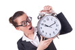 Woman businesswoman with giant alarm clock
