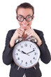 Woman businesswoman with giant alarm clock
