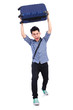 Young guy with travel case on white