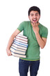 Student with lots of books on white