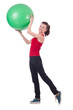 Young woman with ball exercising on white