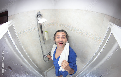 Photo: man in bathrobe, fish eye view man in bathrobe, fish eye view