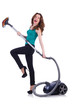 Young woman with vacuum cleaner on white