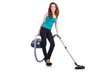 Young woman with vacuum cleaner on white