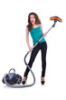 Young woman with vacuum cleaner on white