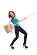 Photo: Young woman with broom isolated on white Young woman with broom isolated on white
