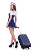 Woman travel attendant with suitcase on white