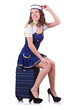 Woman travel attendant with suitcase on white