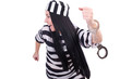 Prisoner in striped uniform on white