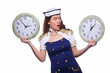 Sailor with clock isolated on white