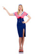 Stewardess pressing virtual buttons in the air