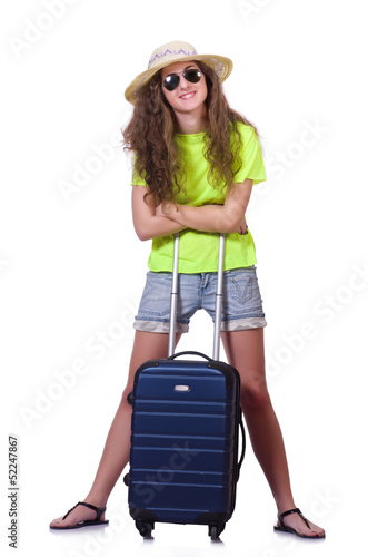 Photo: Young woman with suitcase on white Young woman with suitcase on white