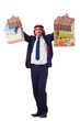 Arab man with shopping gifts on white