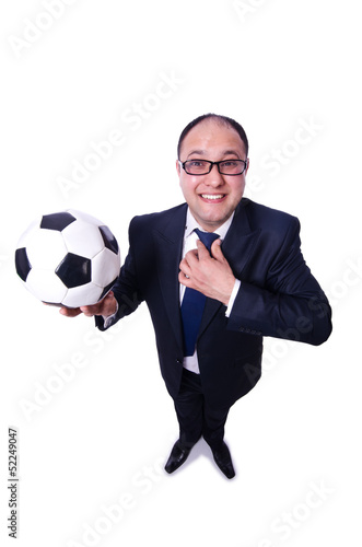 Photo: Businessman with football on white Businessman with football on white