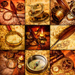 Vintage still life. Vintage items on ancient map.