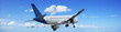 Jet plane in a blue sky. Panoramic composition.