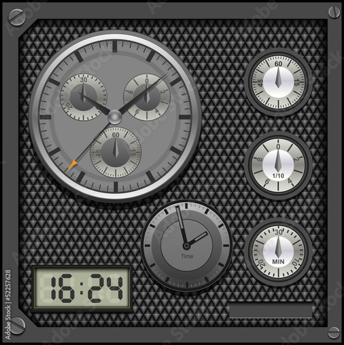 Vector: Watches and clocks on vector pattern background. Watches and clocks on vector pattern background.