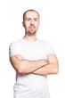 Confident handsome man in white t-shirt isolated on white