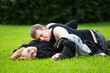 Happy young couple in a city park