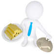 3d white man keeps on a platter of gold bullion