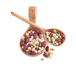 A mixture of beans in a wooden spoon on a white background