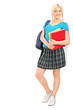 Foto: Full length portrait of a female student with school bag holding Full length portrait of a female student with school bag holding
