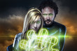 Lovers, couple of super heroes of the future, green shield over